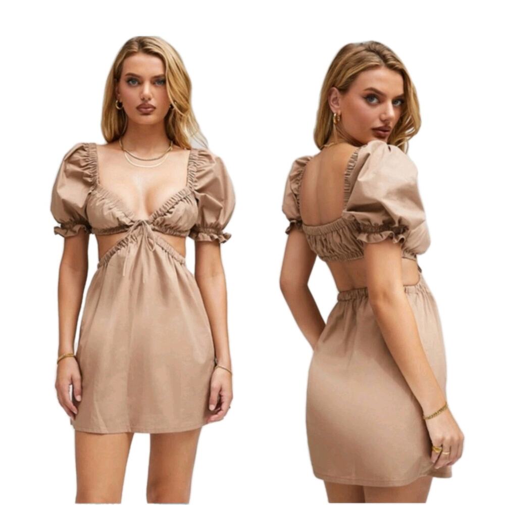 CB London Mistress Rocks Peace Puff Sleeve Cut Out Dress Size Small Crisp Cotton